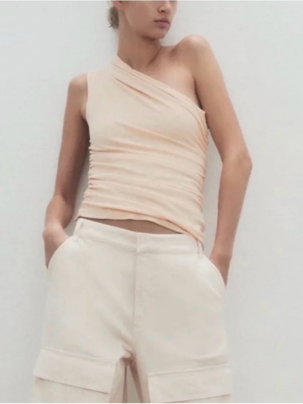 Zara One Shoulder Ruched Top XXL Beige Nude Draped Asymmetrical Stretch Blouse